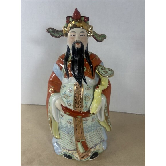 Chinese God Ceramic Statue General Kwan Reishi Mushroom 10” Vintage Asian Decor - Picture 4 of 16
